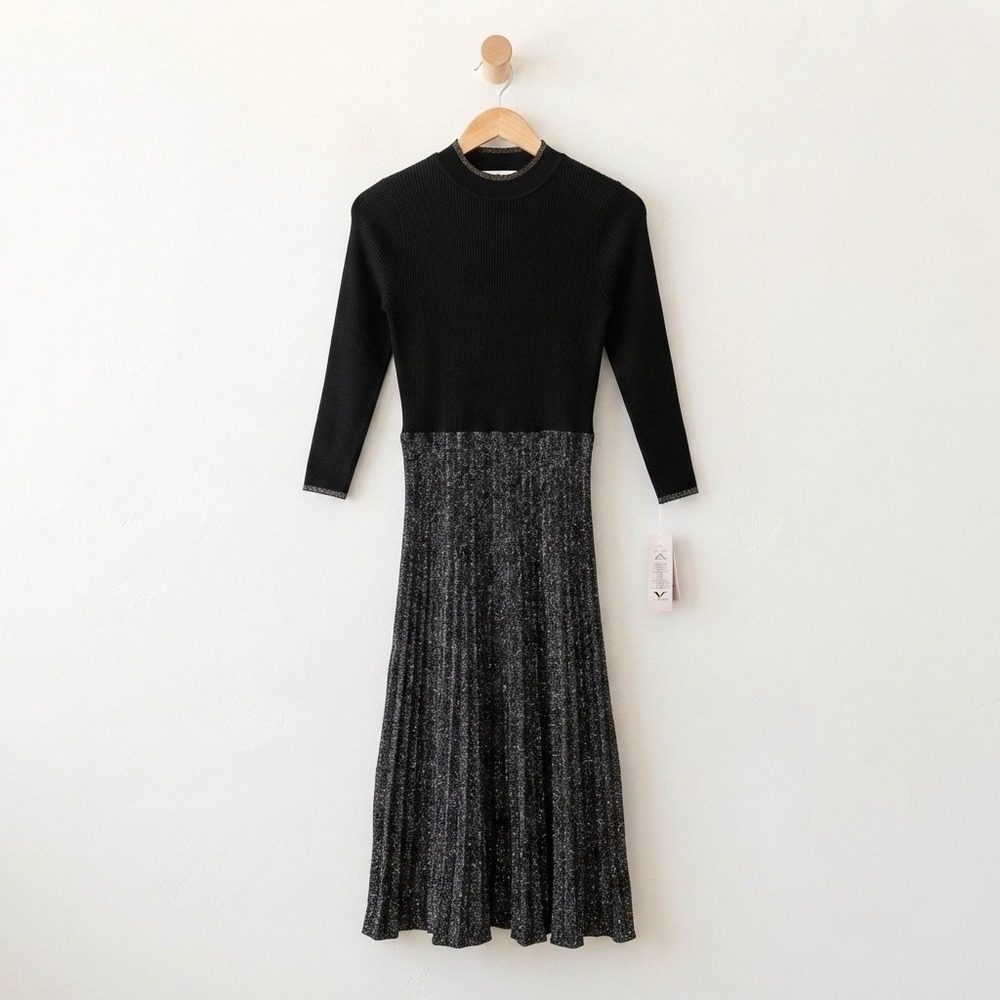Nanette Lepore Moody Romantic Black Gold Lurex Midi Sweater Dress Small Sparkle